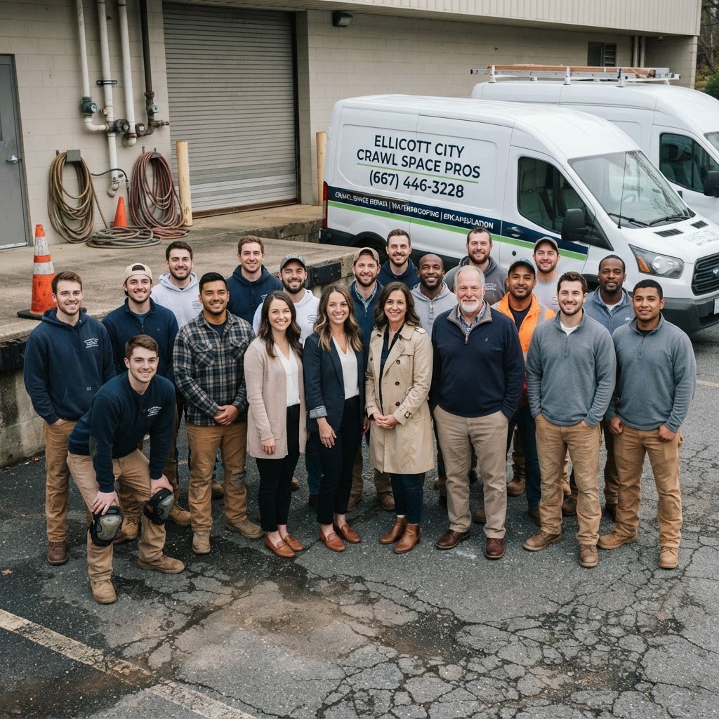 The full 22-person Ellicott City Crawl Space Pros team standing together in a commercial parking lot with company work vans